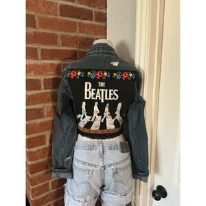 Custom Beatles Abbey Road Cropped Denim Jacket S • Reworked Graphic Band Jacket